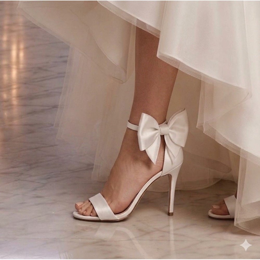 Express Wmn White Satin Oversized Bow Ankle Strap Stiletto Sandals Bridal Prom 8